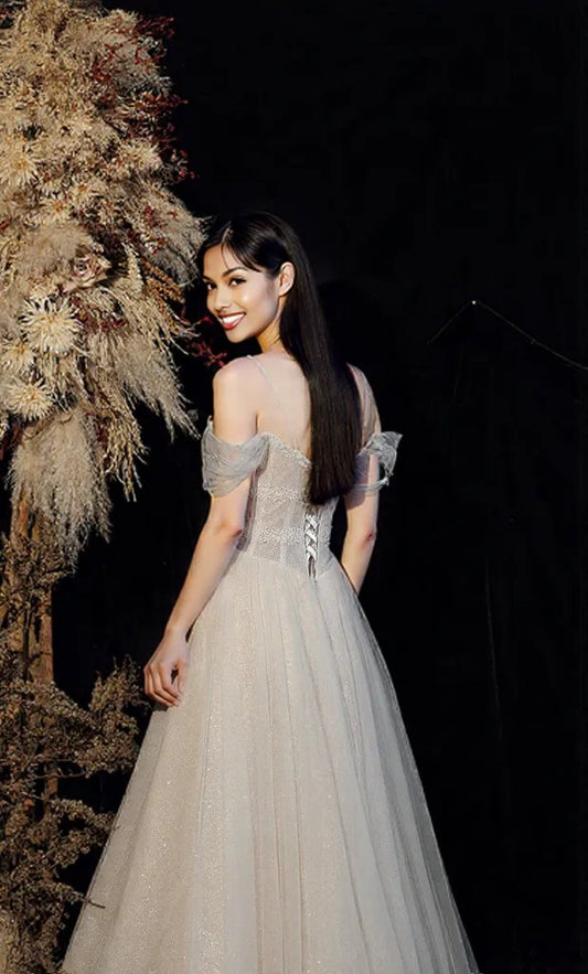 Soft champagne white gold grey evening Dress Skirt Slim Off Shoulder