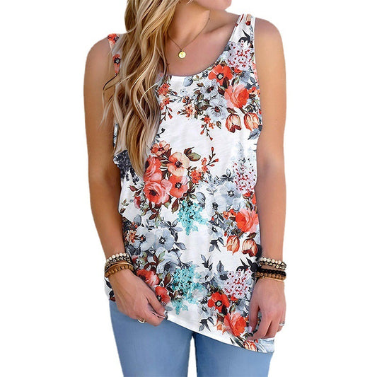 Women's Plant Flower Print Pullover Sleeveless T-shirt