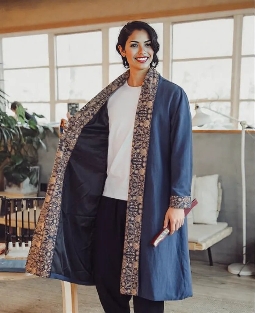 Unisex Dark Blue Casual Stitching Printed Linen Cloak Plus Size Windbreaker