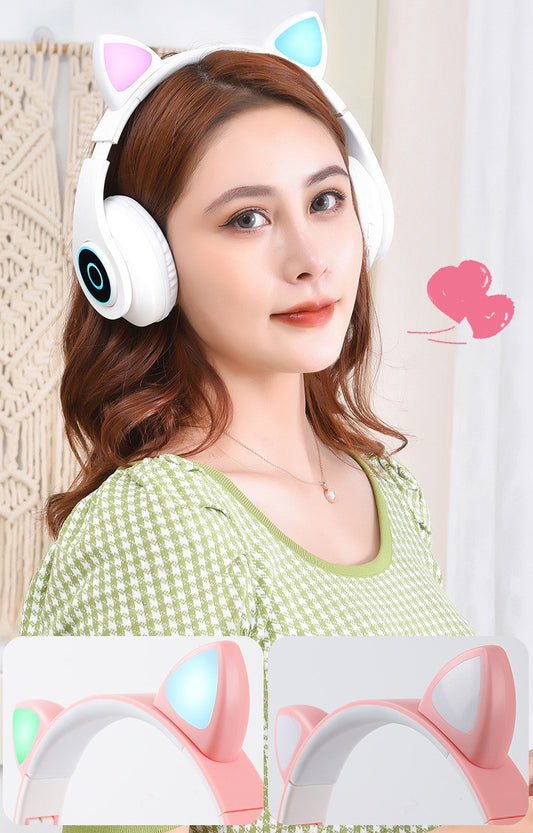 Cartoon Cat Ears 5.0 Bluetooth Headset Luminous Foldable Card Music