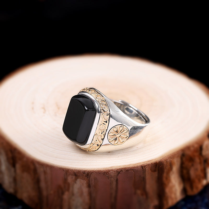Personalized Men's Black Agate Ring