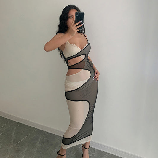 Mesh Stitching Contrast Color V-neck Hollow-out Camisole Midriff Outfit Sexy Hot Girl Temperament Jumpsuit Dress