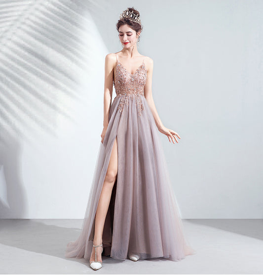 Sling Veil Catwalk High Slit Wedding Evening Dress