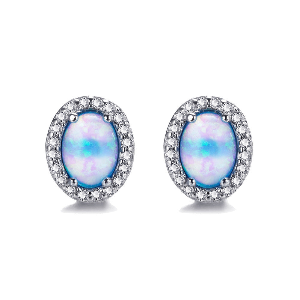 Oval White Opal Edge White Small Diamond Studs