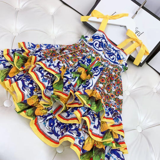 New Cute Pastoral Girls Court Print Suspender Skirt