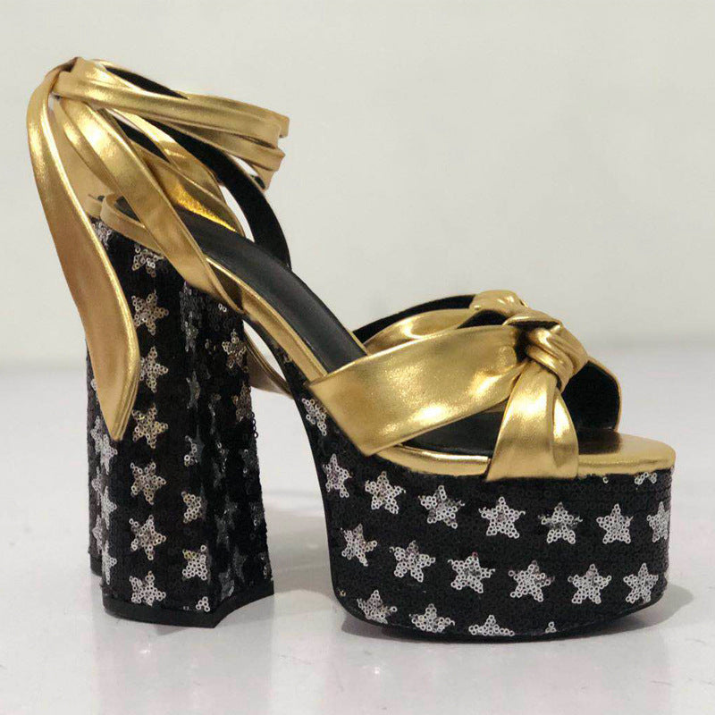 Colorblock Plus Size Catwalk Sandals Bow Love Chunky Heels