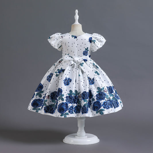 European And American Puff Sleeve Satin Flower Children's Girl Princess Dress