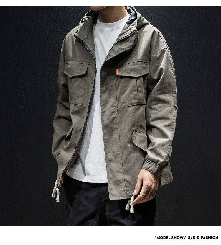 Men's plus size loose hooded drawstring jacket
