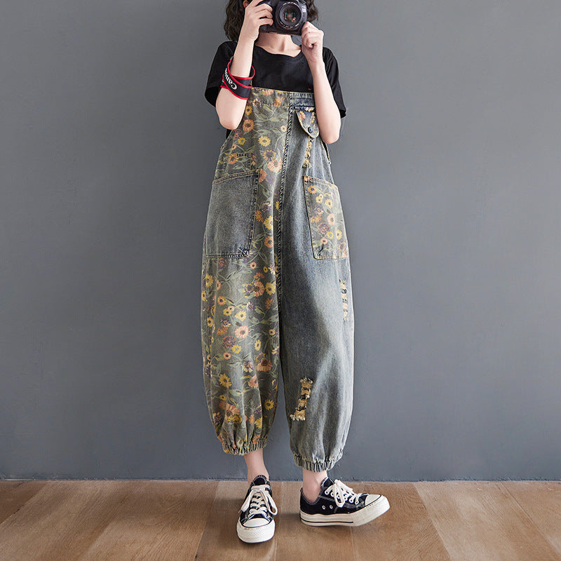 Women's Retro Nostalgic Print Ripped Denim Overalls