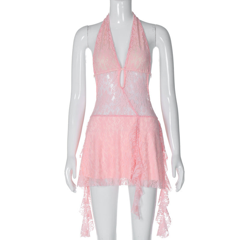 Short Stitching Ribbon Halter Lace Hollow-out Deep V-neck Backless Hot Girl Dress