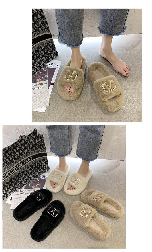Leisure Plus Size Plush Slippers With Metal Decoration