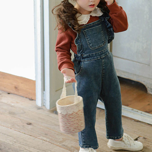 Children Girl Lotus Shoulder Denim Jumpsuit