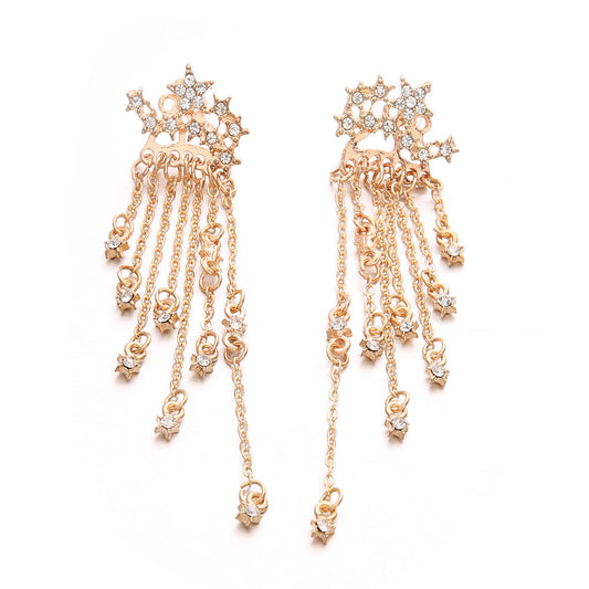 Diamond Studded Star Tassel Chain Back Hanging Earrings