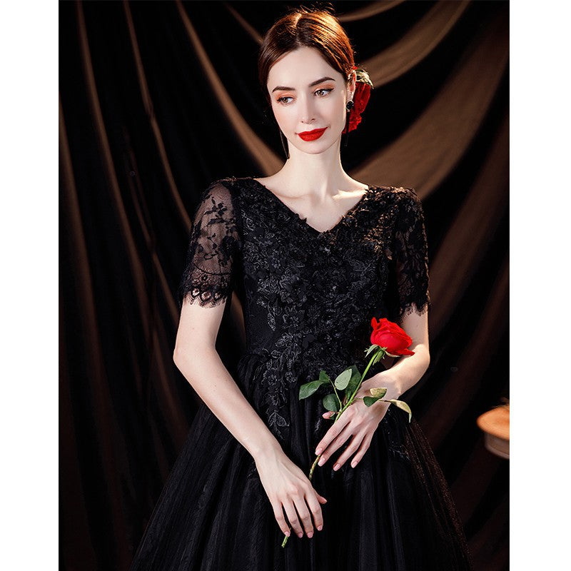 Elegant Black Deep V-neck Evening Long-sleeve Wedding Dress