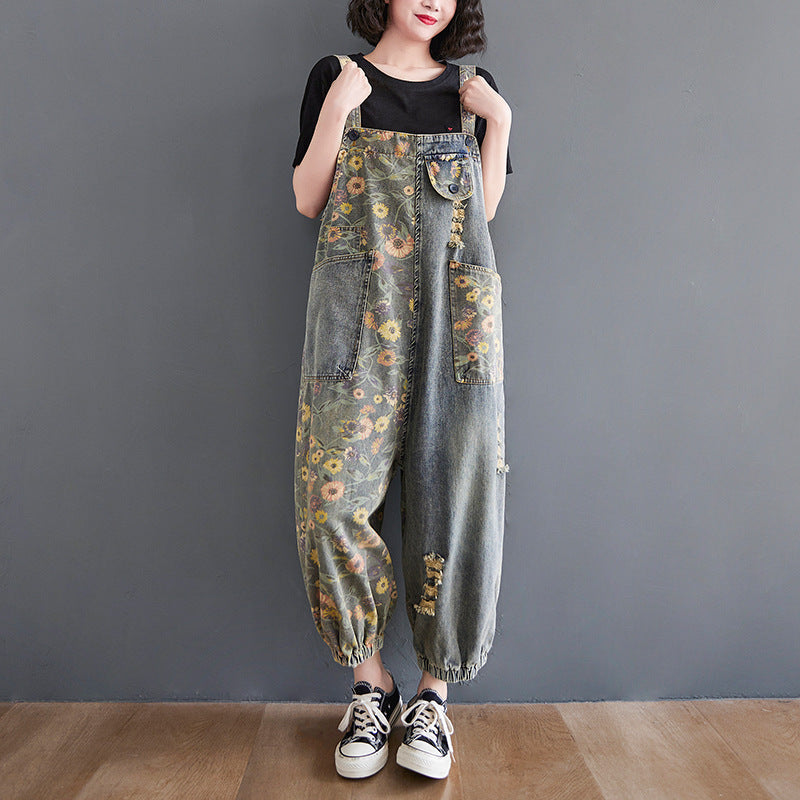 Women's Retro Nostalgic Print Ripped Denim Overalls