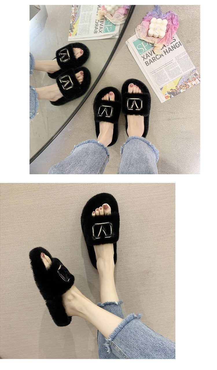 Leisure Plus Size Plush Slippers With Metal Decoration