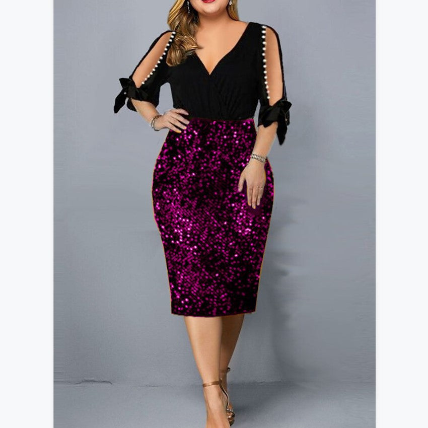Plus Size Women's Personalized Sequined Beads V-neck Dress With Hips