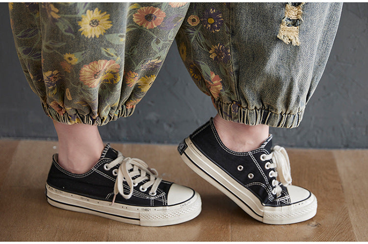 Women's Retro Nostalgic Print Ripped Denim Overalls