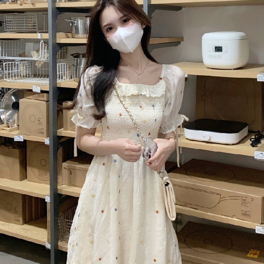 Women's Square Neck Crushed Flower Waist Dress