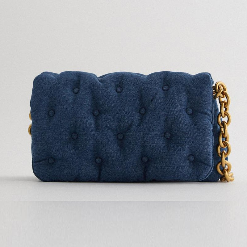 Dark Blue Denim Thick Metal Chain Shoulder Bag Women Winter Retro Large Capacity Buttons Soft Square Handbag Fashion Casual