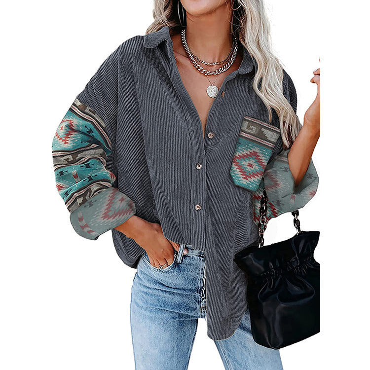 Women's Printed Plus Size Lapel Loose Clip