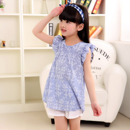 Cute Fly Shoulder Sleeve Top For Girls Thin Cotton And Linen