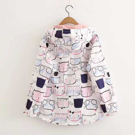 Printed Loose Plus Size Long-sleeved Hooded Zipper Jacket Women