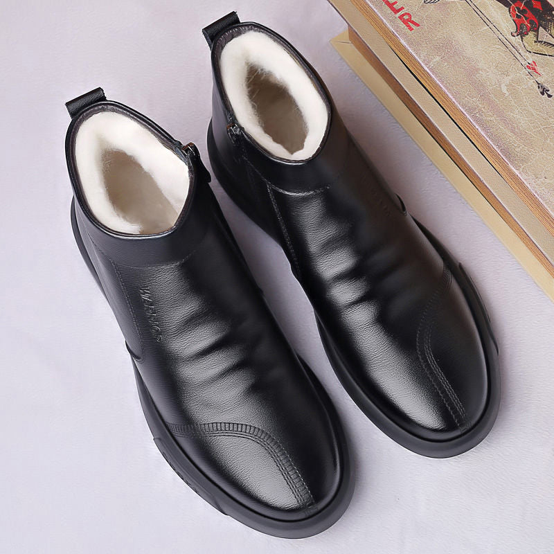 Men's Fleece-lined Thickened Leather Waterproof Casual High-top Snow Boots