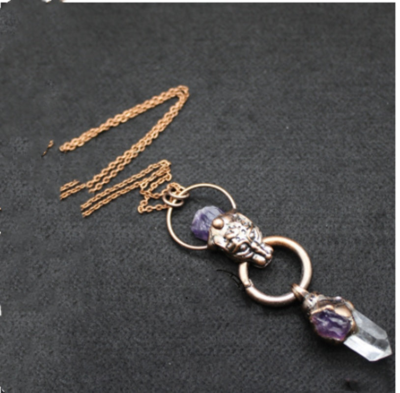 Personality Exaggerated Bull Head Jewelry Crystal Column Amethyst Necklace Pendant