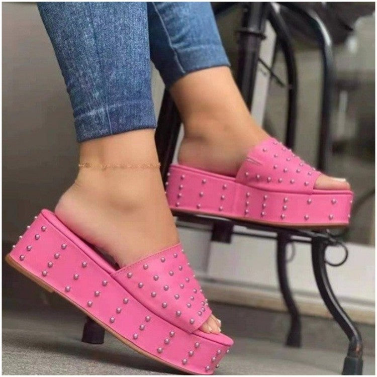 Women Rivet Slippers Summer High Heel Plats Shoes Peep-toe Beach Shoes - FLIPSTYLEZLLC