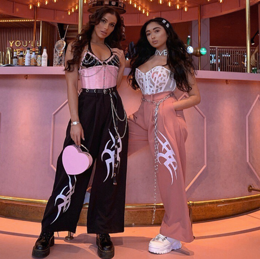 Smoke pink mopping asymmetrical printing slim wide-leg pants