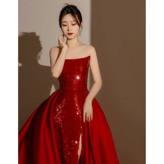 Banquet Light Luxury Annual Meeting Host Red Dress Bride Wedding Engagement Bra Toast Dress