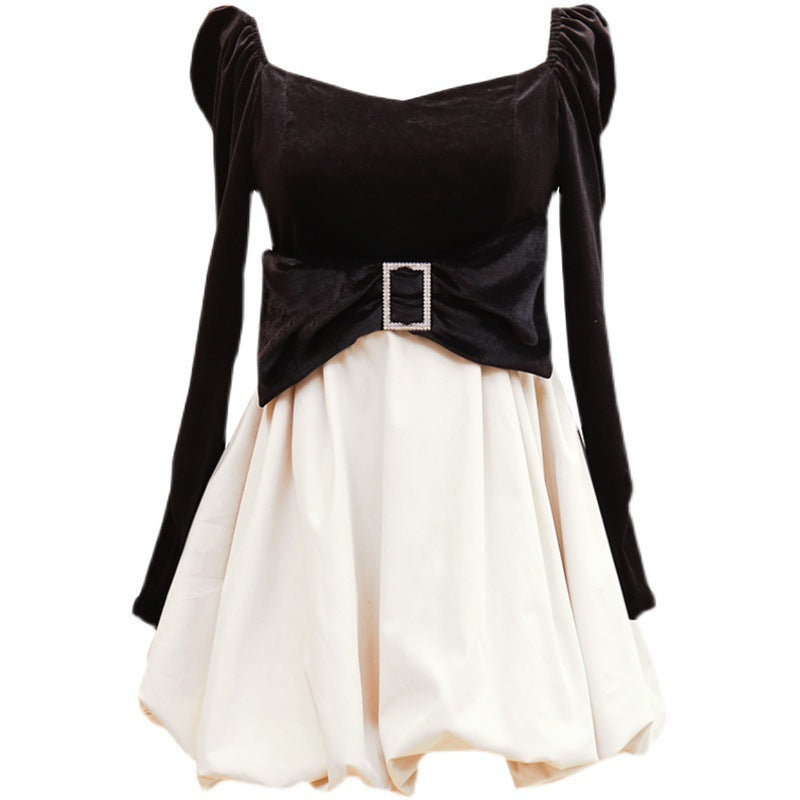 Back Puff Sleeve Stitching Gold Velvet Dress