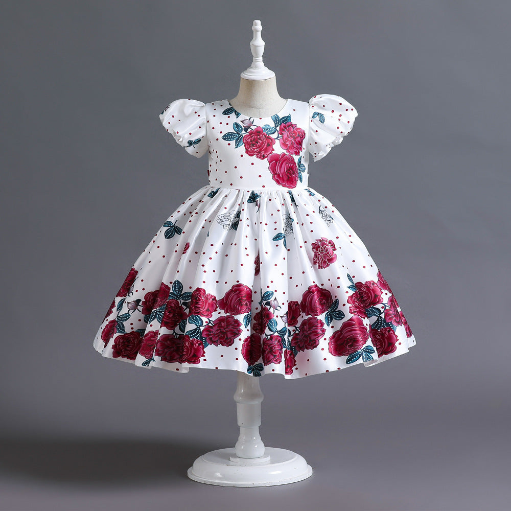 European And American Puff Sleeve Satin Flower Children's Girl Princess Dress