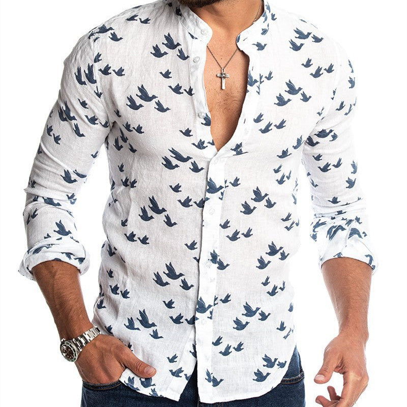 3D printed linen colorblock stand collar shirt