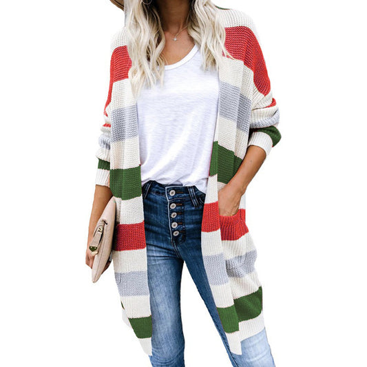Striped Stitching Sweater New Product Long Color Blocking Pocket Knitted Cardigan