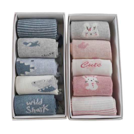 Five pairs of breathable cartoon baby socks in autumn and winter