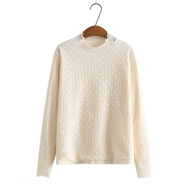 Loose Plus Size Women's Fleece Half Turtleneck Lace T-shirt