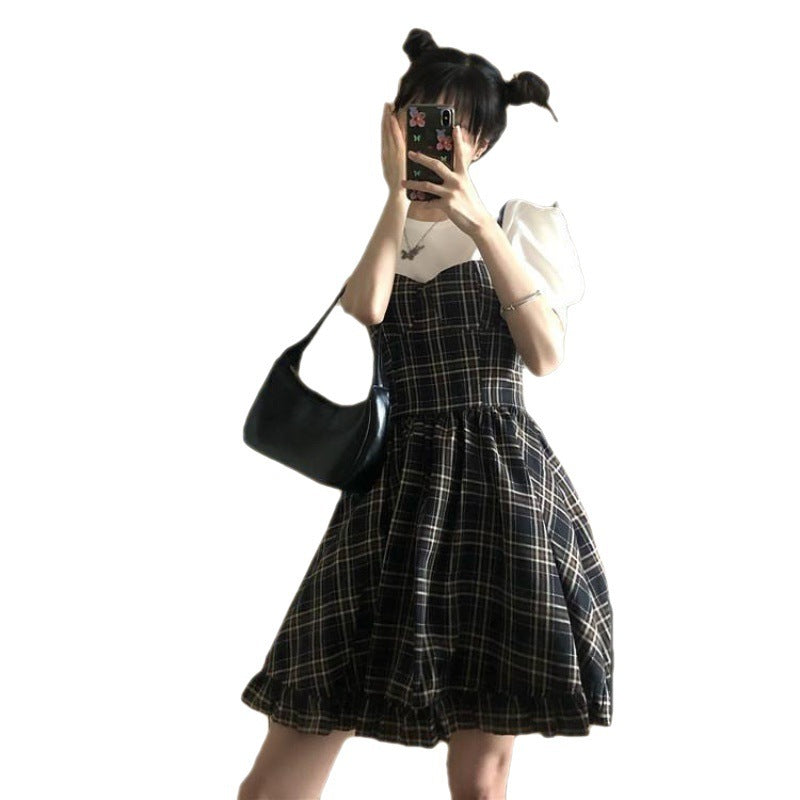 Lolita Skirt Korean Sweet And Cool Girl Plaid Suspender Dress Was Thin Waist Skirt
