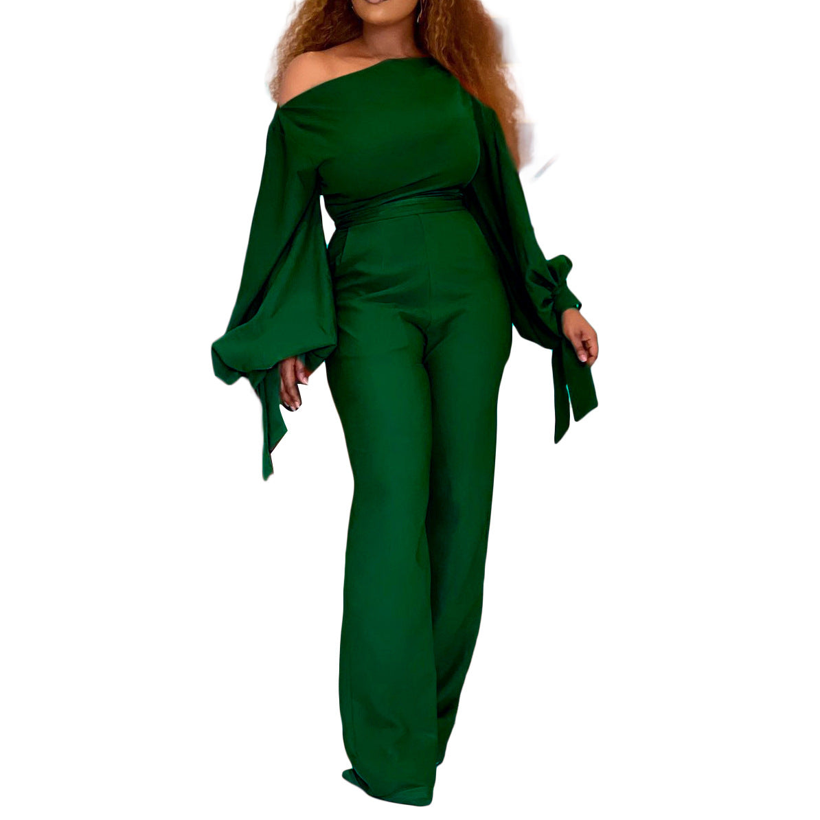 Green shawl wrap High Waist Plus Size Wide Leg Jumpsuit