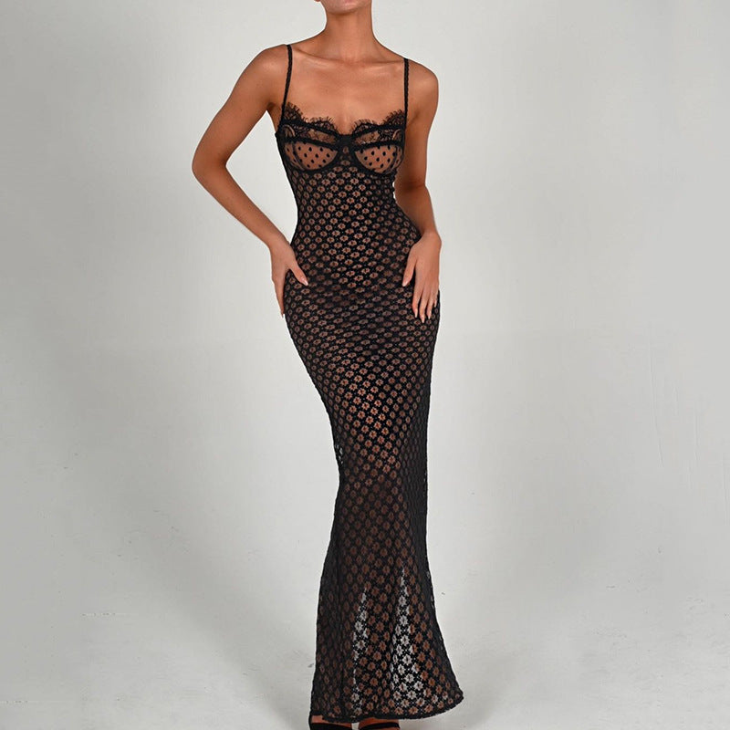 Fashionable Lace Back Split Polka Dot Dress