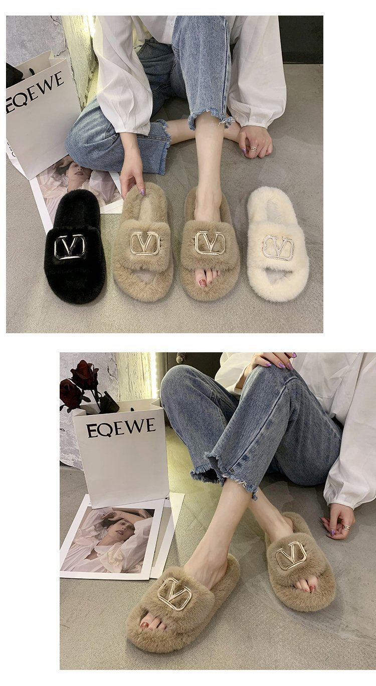 Leisure Plus Size Plush Slippers With Metal Decoration