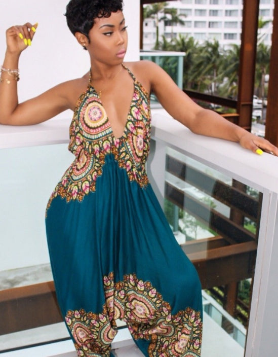 Personalized Positioning Print Nude Back Tie Low Jumpsuit