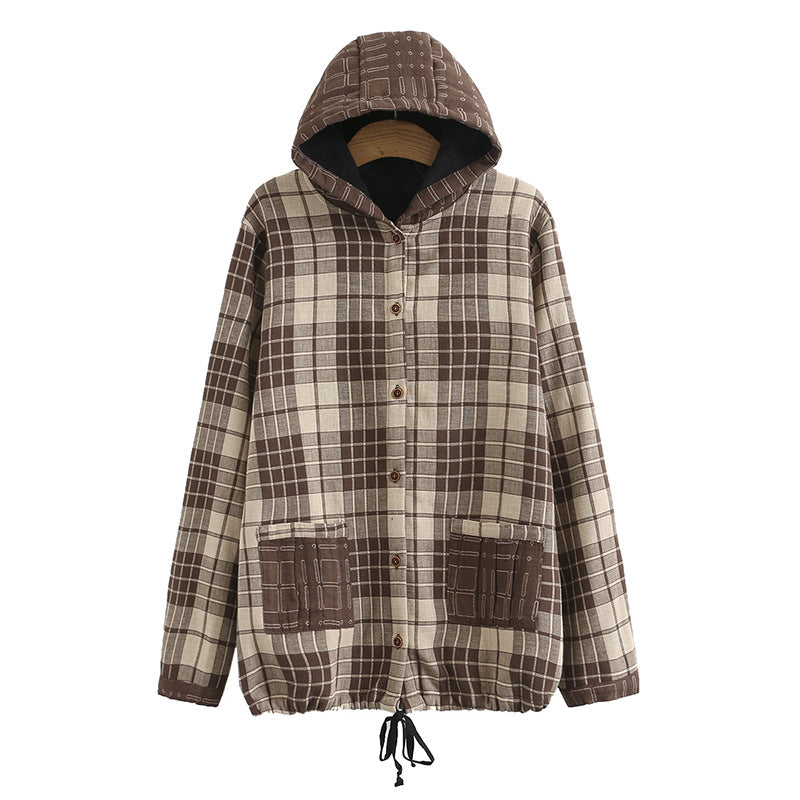H5 plus size women's autumn and winter new fat sister mm plus velvet plaid double yarn hooded lining