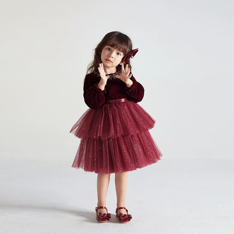 European And American Long-sleeved Velvet Little Girl Fashionable Dress