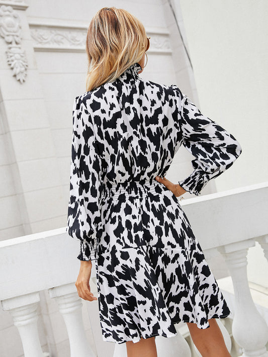 Leopard Print Round Hedging Ruffled Long-sleeved Midi Dress Product Information
