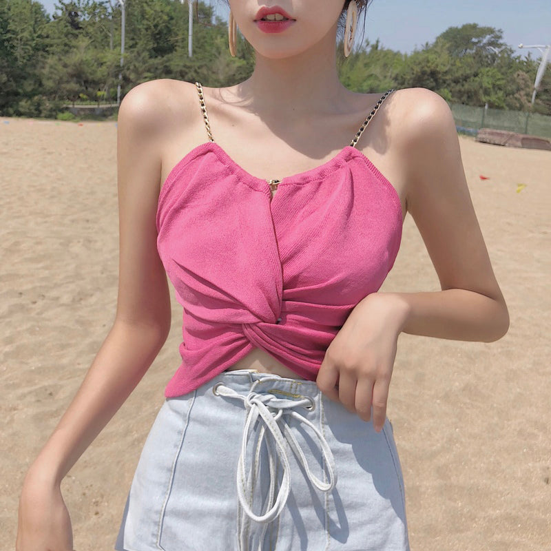 Small waistcoat women''s new summer 2021 Korean version of women''s wear with twisted chain personality suspender