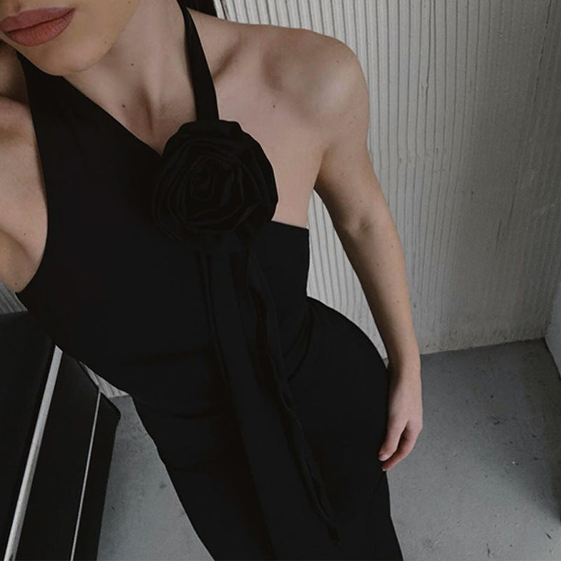 Ins Hot Girl Fashion Backless Temperament Three-dimensional Flower Decoration Halter Dress