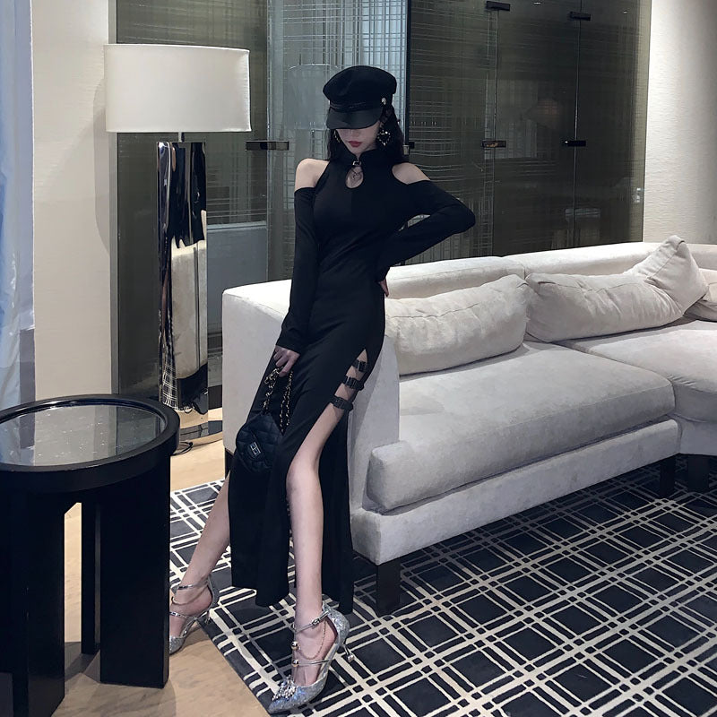 Sexy off-the-shoulder long-sleeved slim-fitting slim high split dress dark girl long cheongsam