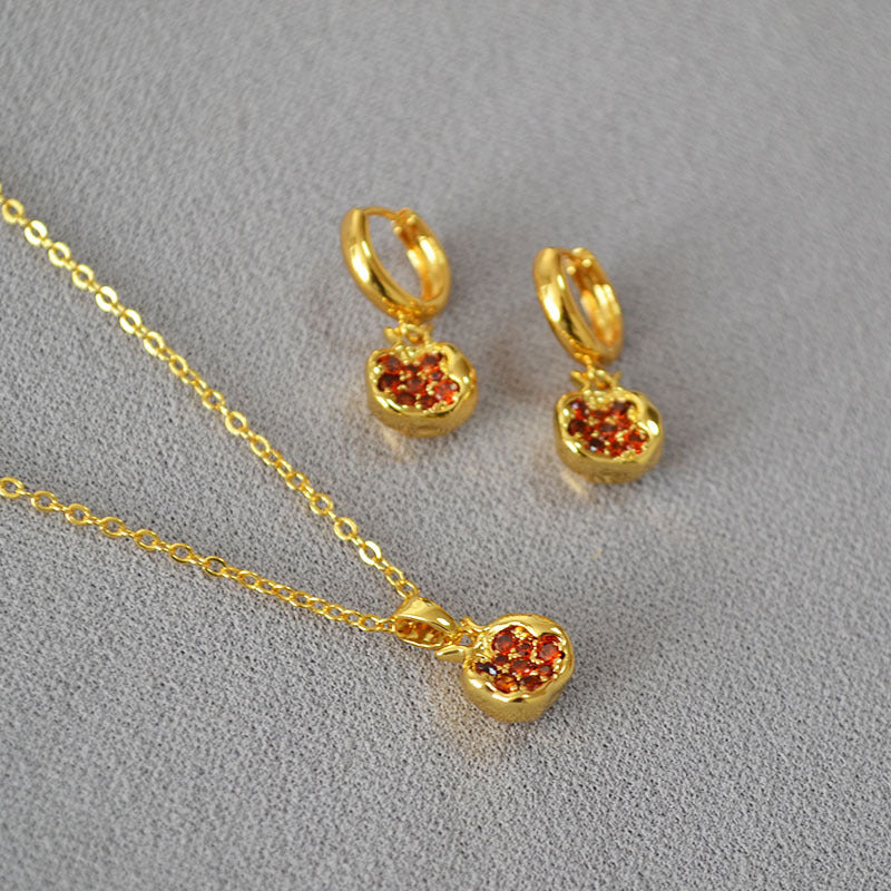 Simple Brass Gold-plated Red Pomegranate Necklace Earrings